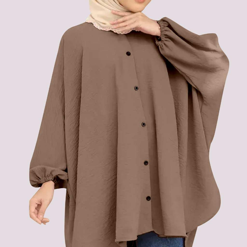 Korean Style Women Long Friendly Sleeve Blouse Italian Crepe Viral Shirt Baggy Top Blouse Viral / Free Size