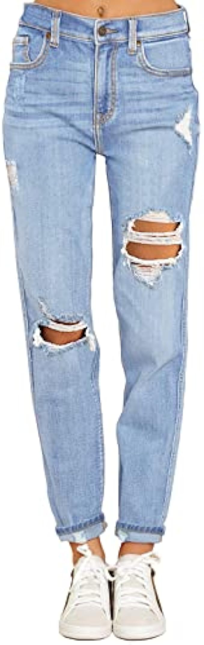 GRAPENT Women's Casual High Waisted Mom Jeans Ripped Stretchy Tapered Denim Pants