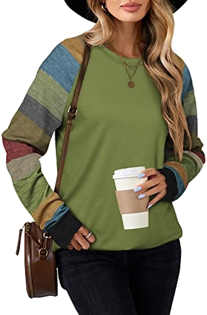BLENCOT Women Lightweight Blouse Color Block Long Sleeve Loose Fit Tunics Shirts Tops