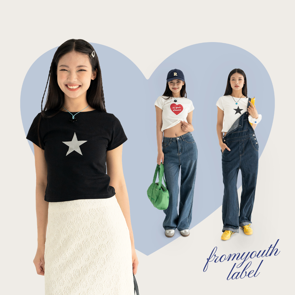 Raw cotton T-Shirt FromYouth - Baby Tee (Graphic) (Star &amp; Heart)