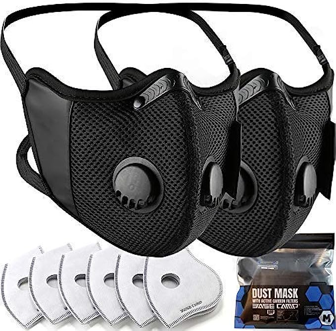 BASE CAMP M Cross Dust Face Mask 2 Pack with Extra 6 Activated Carbon Filters for Woodworking Construction Mowing Sanding Gardening Sawing (2) (2)