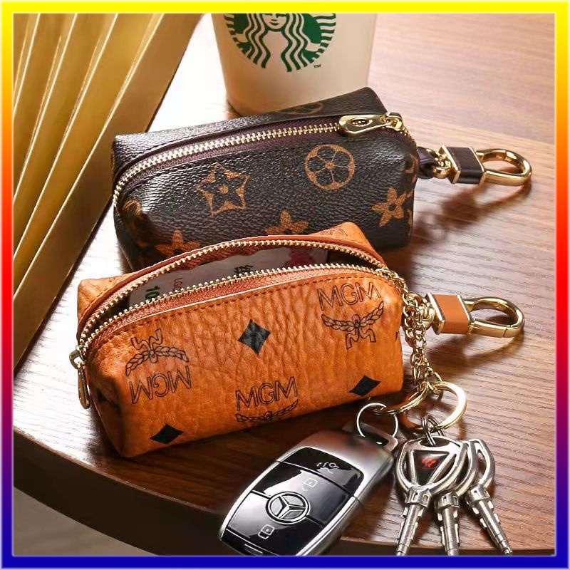 In Stock Multi-functional Genuine Leather Zipper Closure Car Key Holder Keychains Pouch Car Key Pouch Card Bag Wallet