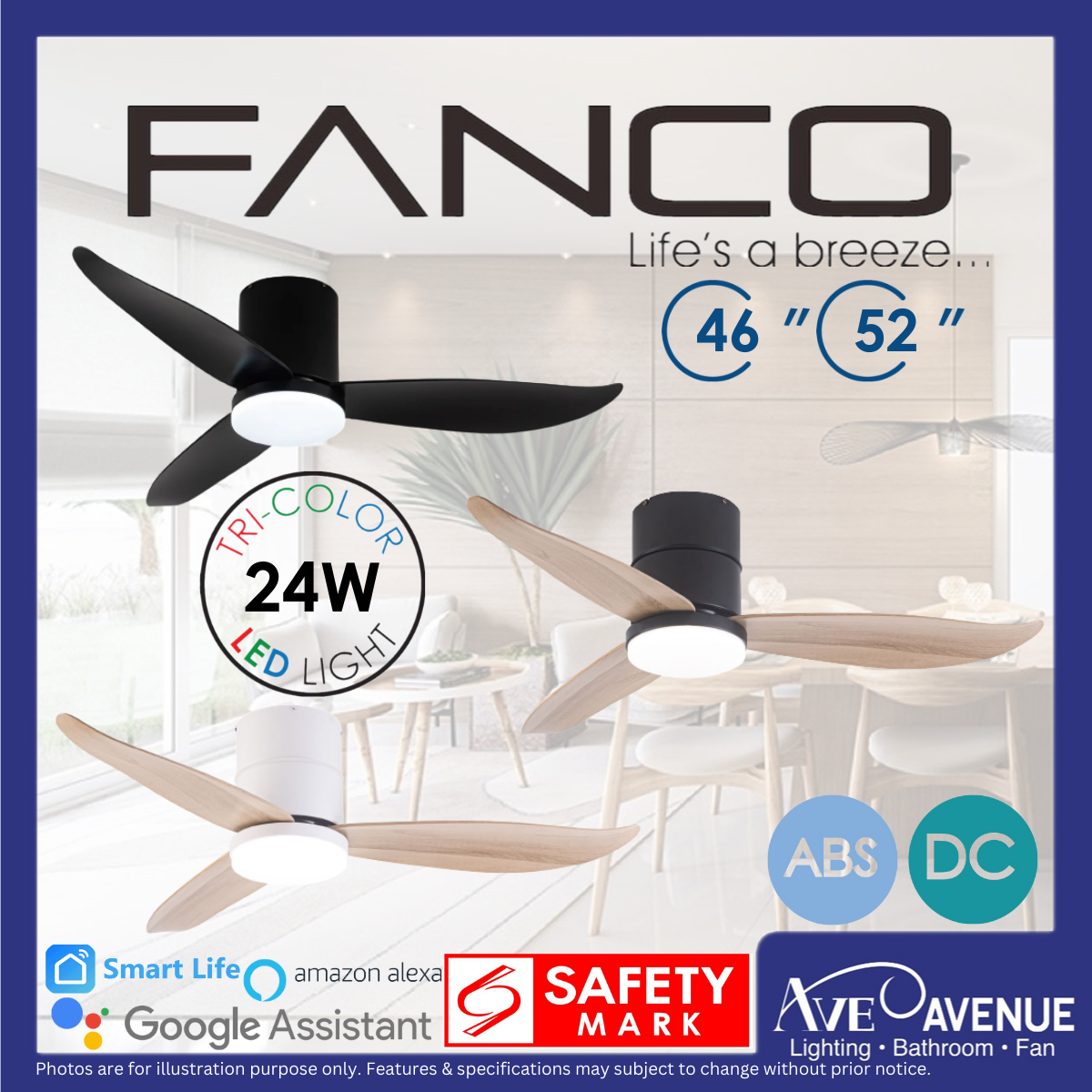 FANCO CO-FAN Rito-3 SMART DC Motor 46/52 inch 3 Blade Ceiling Fan w/ 3 Tone LED Light and Remote Control or Smart Apps