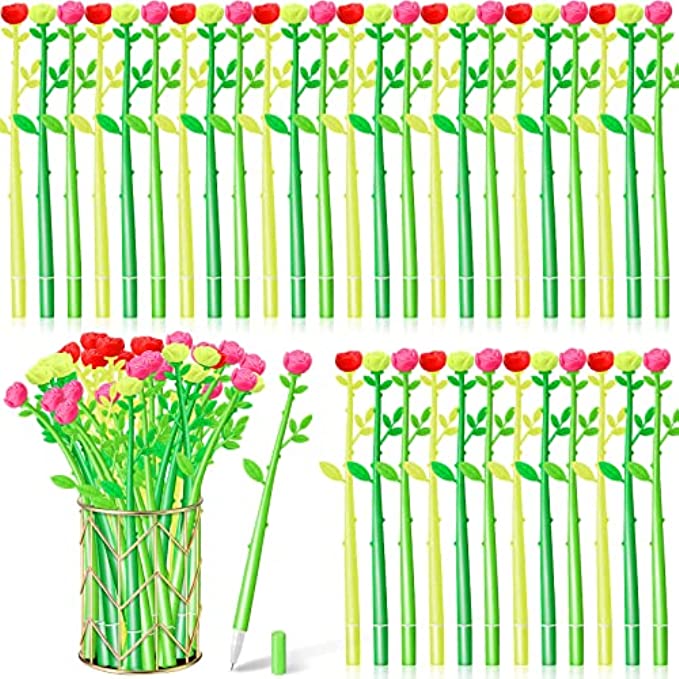 Flower Pens Rose Shaped Ballpoint Pen Creative Liquid Black 0.5mm Gel Ink Rollerball Pen for Kids Girls Women, Home Office School Decoration Supplies (60 Pieces)