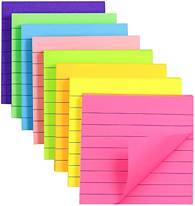 (8 Pack) Lined Sticky Notes Post, 8 Colors Self Sticky Notes Pad Its 3X3 in, Bright Post Stickies Colorful Big Square Sticky Notes for Office, Home, School, Meeting,82 Sheets/pad