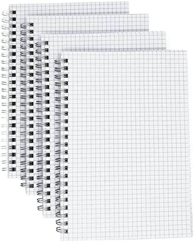 AUSTARK A5 Square Grid Spiral Notebook 4 Pack, 5.7"x 8.1", 80 Sheet, Soft Transparent Cover Wirebound Notebooks for Office School Supplies Drawing Writing