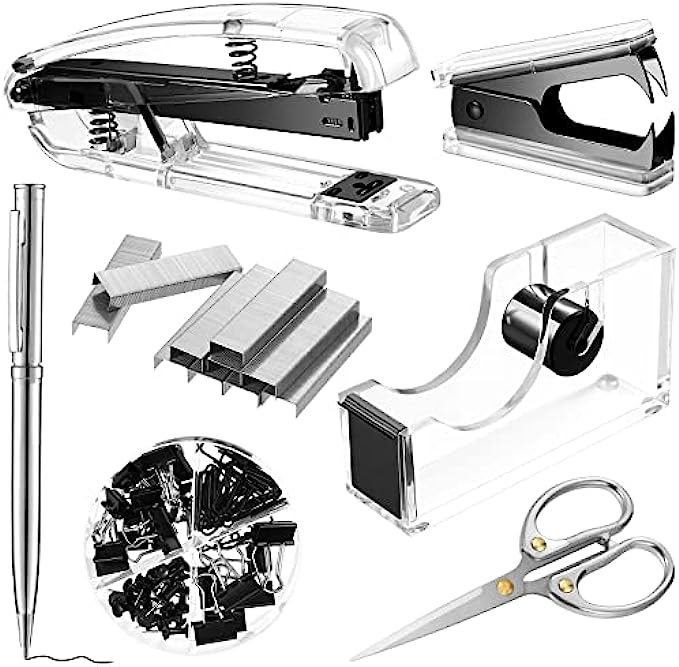 Office Supplies Set Desk Accessory Kit, Acrylic Stapler Set Staple Remover, Tape Dispenser, Binder Clips, Paper Clips, Ballpoint Pen and Scissor with 1000 Pieces 26/6 Staples (Black)