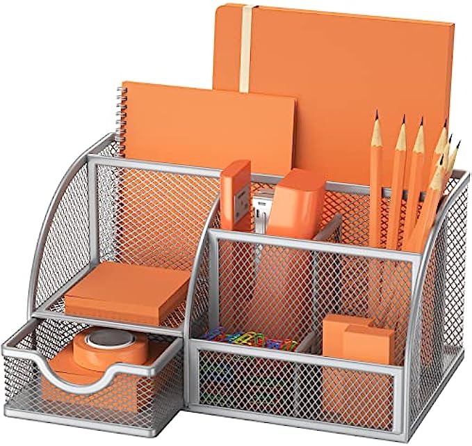 FURNINXS Mesh Desk Organizer with 7 Compartments, Office Desktop Supplies with Drawer, Metal Stationary Organizer Desk Caddy Pencil Holder, Silver