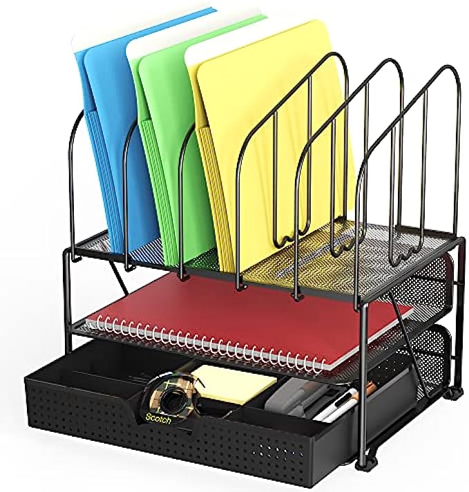 DecoBros Mesh Desk Organizer with Double Tray, 5 Upright Sections and Sliding Drawer, Black