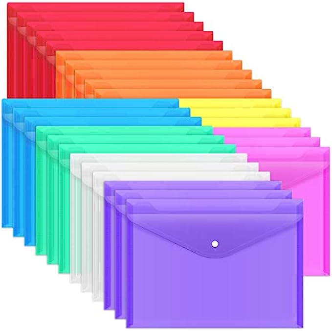 EOOUT 28pcs Plastic Envelopes, Plastic Folders, Plastic Envelopes with Snap Closure, Poly Folders, 8 Colors, A4 Size, Letter Size, for School and Office Supplies