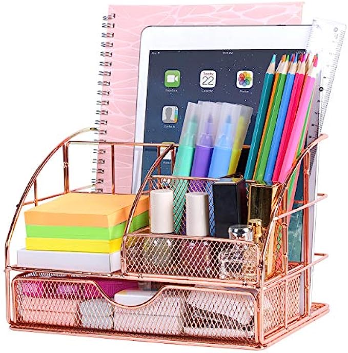 Upgraded Desk Organizer for Women, Cute Mesh Office Supplies Accessories Essentials Caddy with Drawer for Home &amp; Office Desktop Organization &amp; Decor, Rose Gold