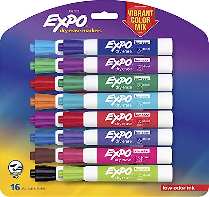 EXPO Low Odor Dry Erase Markers, Chisel Tip, Assorted Colors, 16 Count