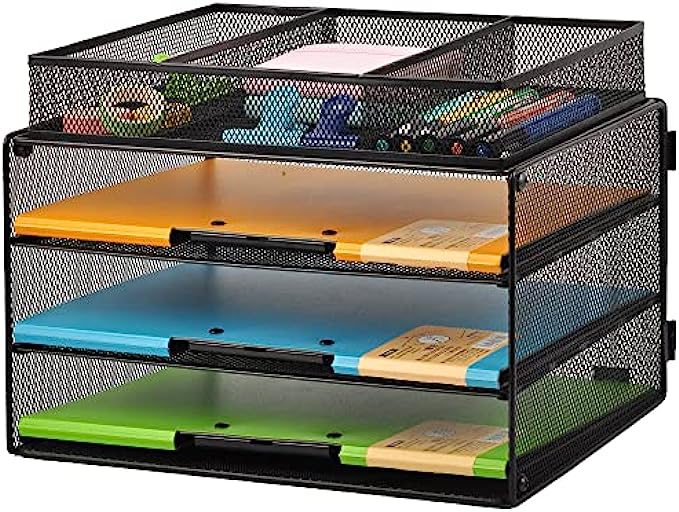 GDINDINFAN Paper Letter Tray Organizer, 3 Tier Mesh File Tray Desktop Paper Sorter with Drawer, Black