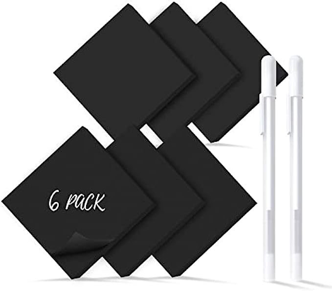Kisdo Black Sticky Notes 3x3 Inches with 2 White Gel Pens, 480 Sheets Self-Stick Pads, 6 Pads Bulk Memo Pads Easy to Post for Home, School, Office Supplies