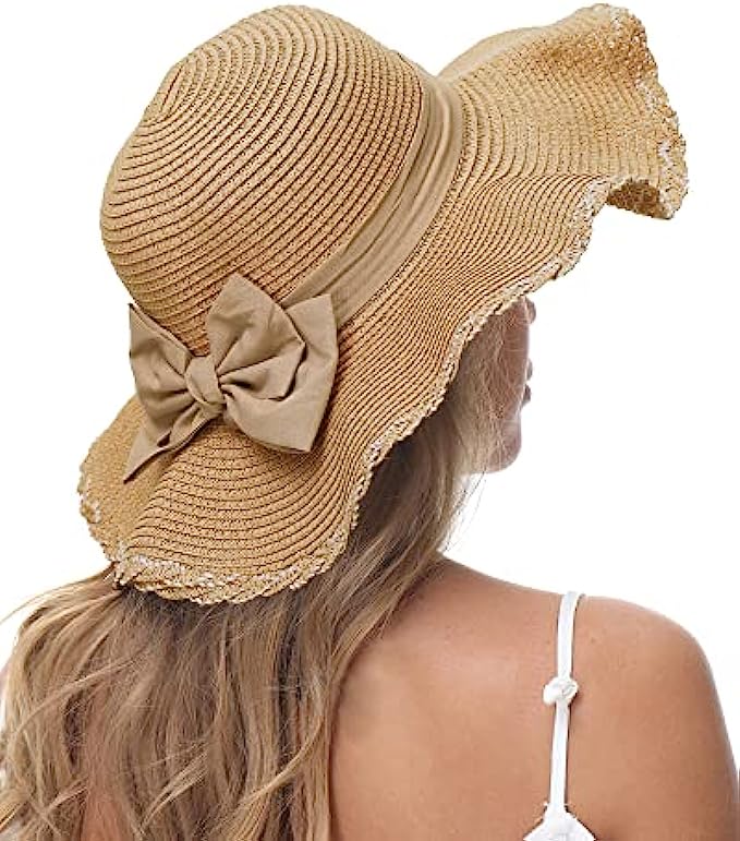 Dolcevida Women Straw Sun Hat Wide Brim UV Protection Beach Hat Summer Floppy Hat with Linen Bow
