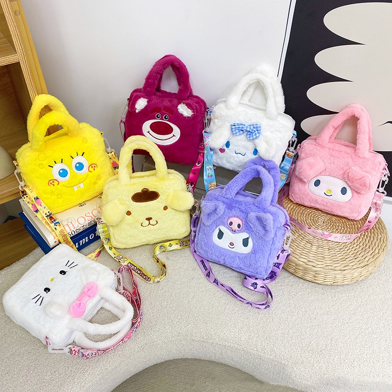 Cute Cartoon Kids Sanrio Mini Crossbody Bag Backpack Plush Doll Kuromi Melody Kitty Shoulder Bag Handheld Cosmetic Bag