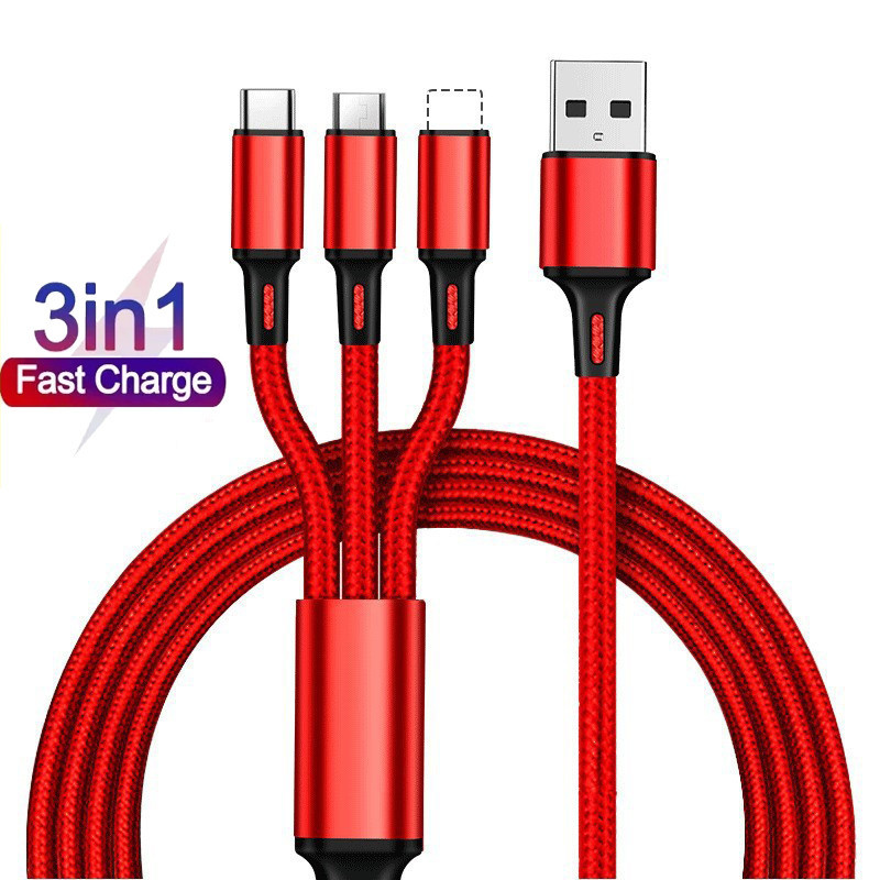 1.2m Weaving One To Three Data Cables Usb Port Multiple 3In1 Micro USB Type C Charger Cable for Ios/Android/Type-C USB Charging Cable
