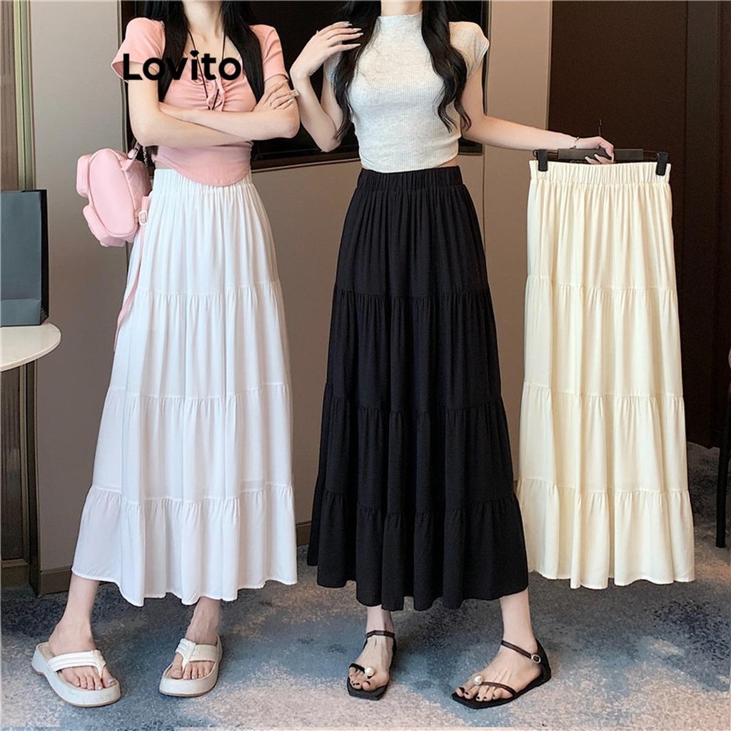 Lovito Casual Plain Structure Line Draped Skirts for Women LNE59445