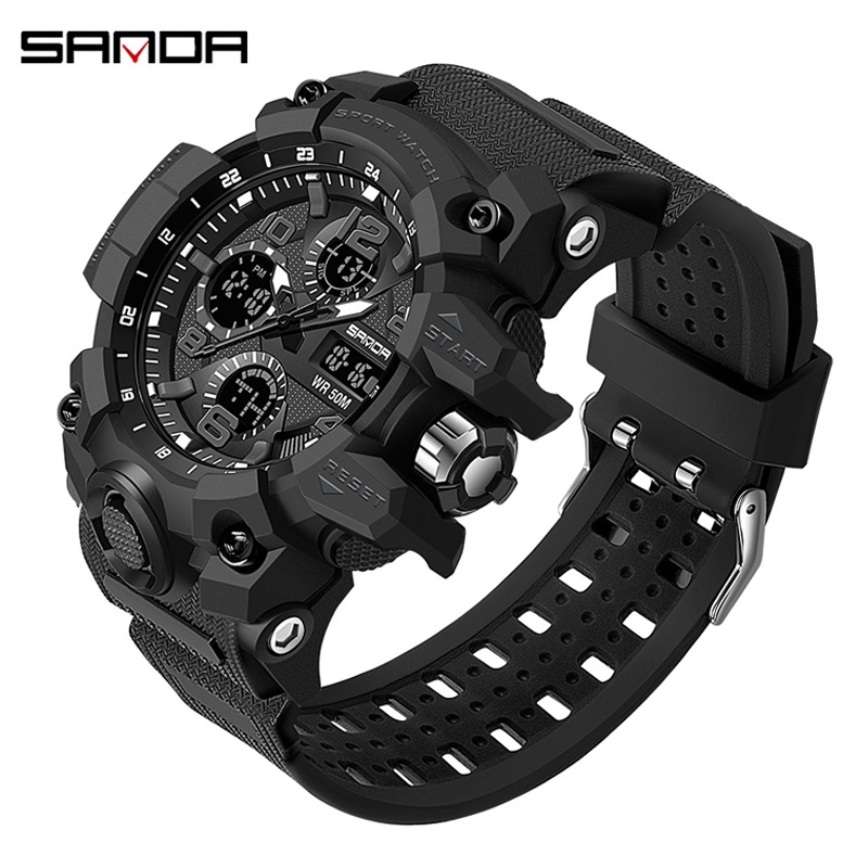 SANDA Sports Military Men's Watches Waterproof Dual Display Quartz Wristwatch for Male Clock Stopwatch	